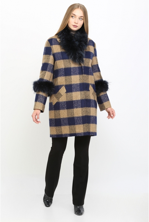 Женское пальто из текстиля с воротником, отделка песец 8011716