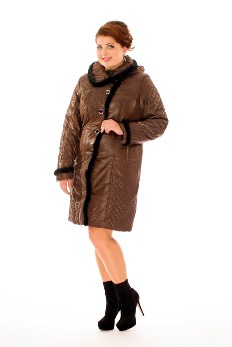Женское пальто из текстиля с капюшоном, отделка норка 8015924